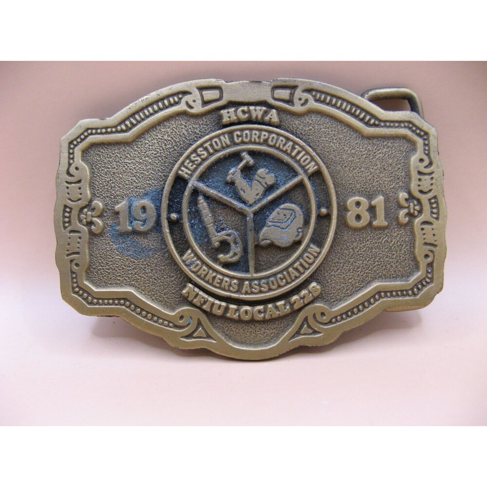 1981 HWCA Hesston Workers Corporation NFIU Local 228 Belt Buckle HIT LINE USA